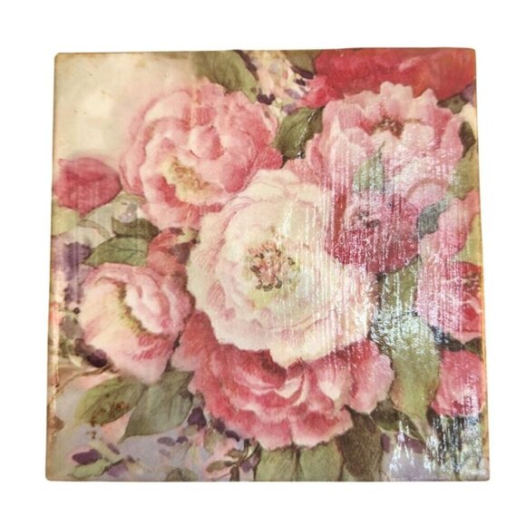 Handcrafted Pink Garden Rose Floral Ceramic Coasters With Cork Backing set of 2, - Picture 4 of 6
